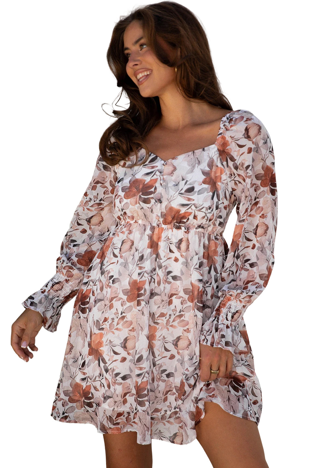 White Floral Print Mini Dress Boho