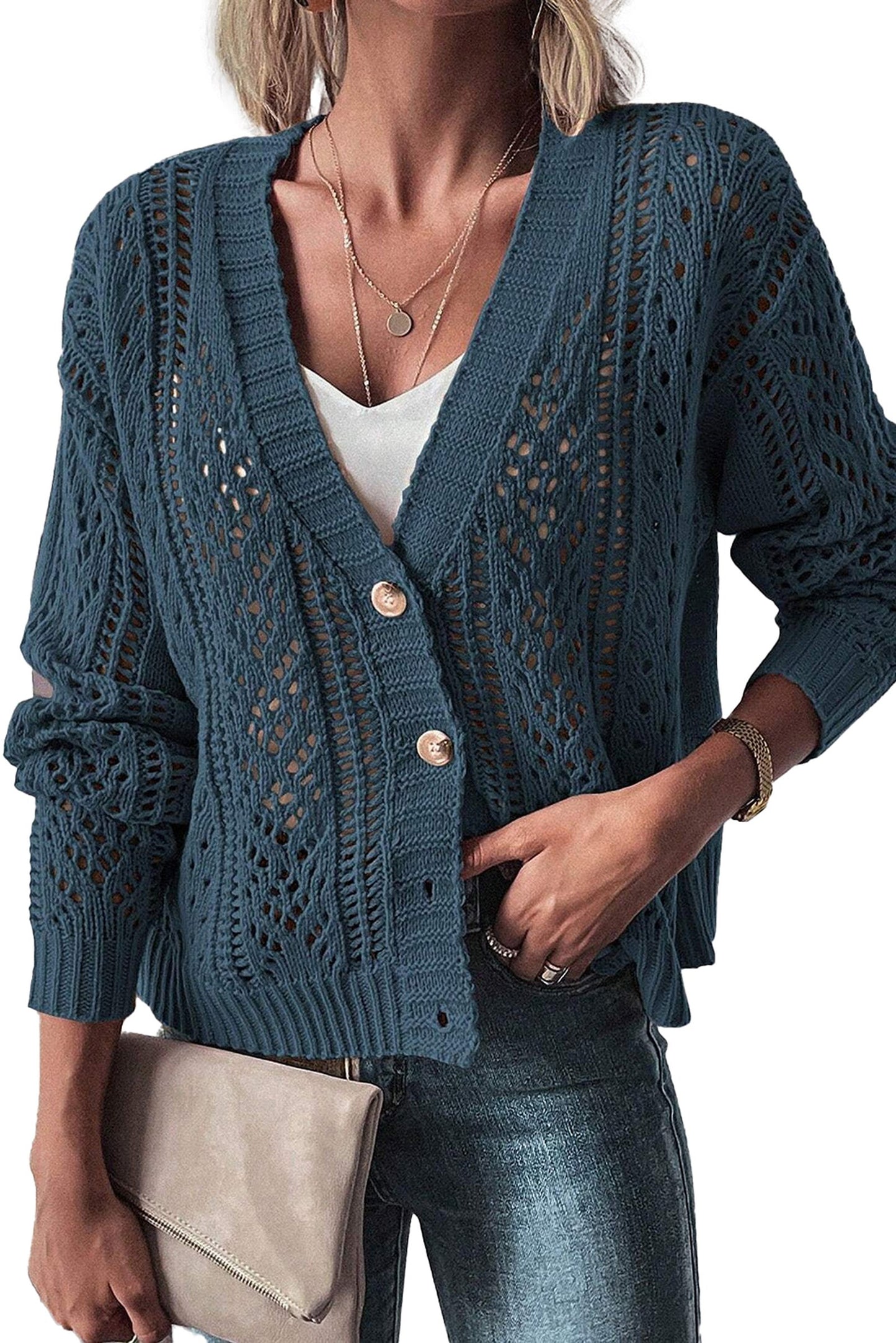 LuckeLadybug dark khaki open knit cardigan with stylish design and button front for casual wear