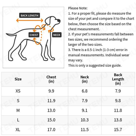 Sizing guide for dog polo shirts for small dogs showing chest, neck, and back length measurements