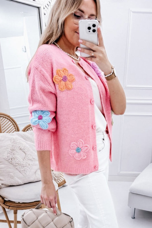 Pink Floral Knit Cardigan For Trendy Looks