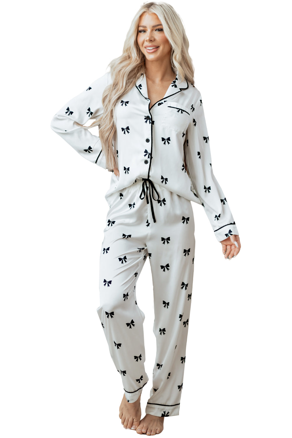 White Bows Print Sleepwear Set