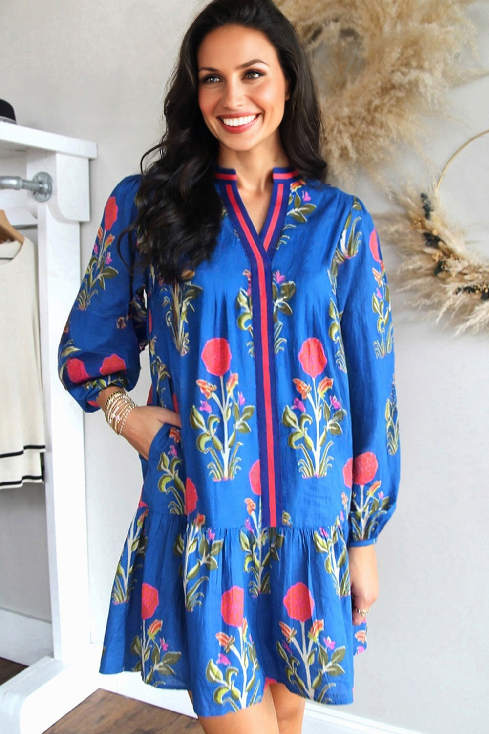 Sky Blue Floral Print Dress V-Neck, Pockets
