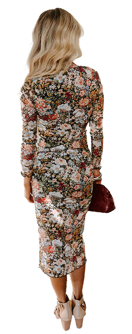 Model wearing a brown floral bodycon midi dress from LuckeLadybug shown from back with burgundy handbag and nude heels