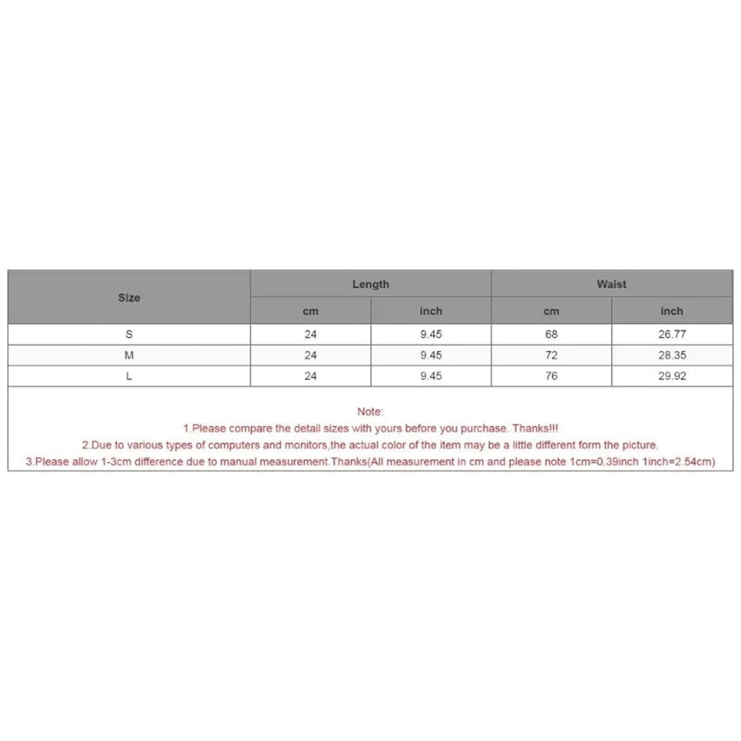 Size chart for embroidered underbust corset showing length and waist measurements for sizes S, M, and L