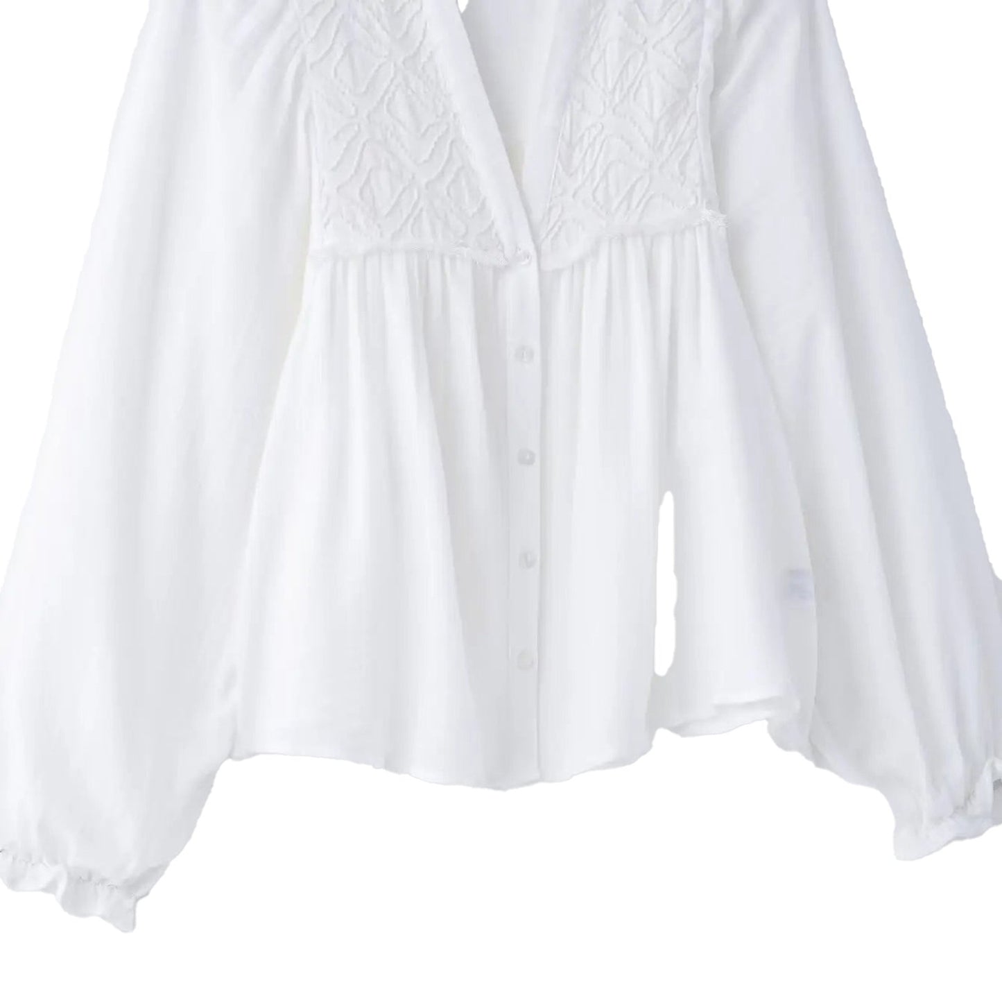 Embroidered white blouse for women featuring a button-down front and balloon sleeves