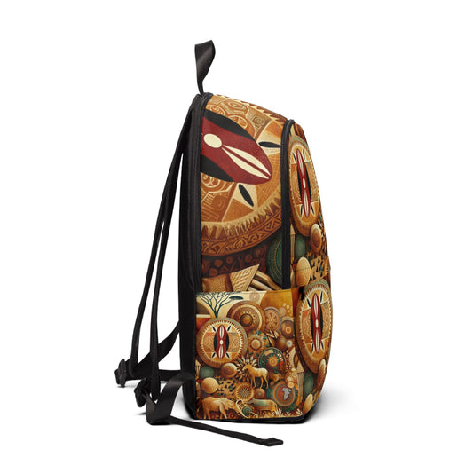 Side view of LuckeLadybug ethnic print backpack for women with intricate brown and tan tribal design