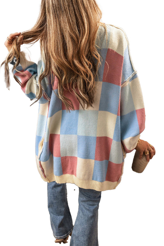 Light Blue Checkered Cardigan For Stylish Layers