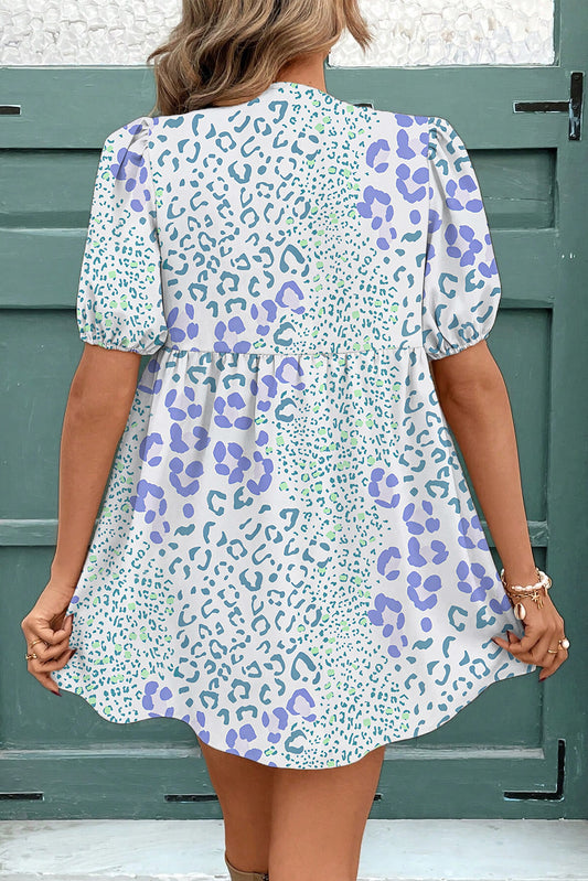 Sky Blue Leopard Mini Dress Puff-Sleeve Bow