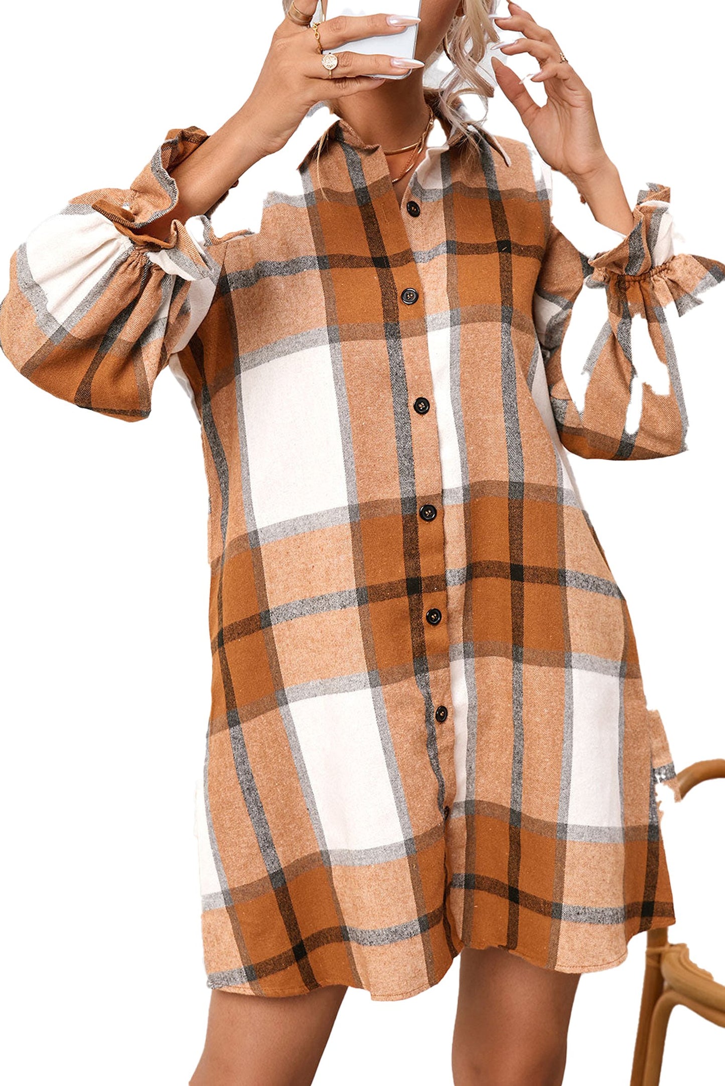 LuckeLadybug H Line khaki plaid shirt dress button down mini with ruffle sleeves for casual wear