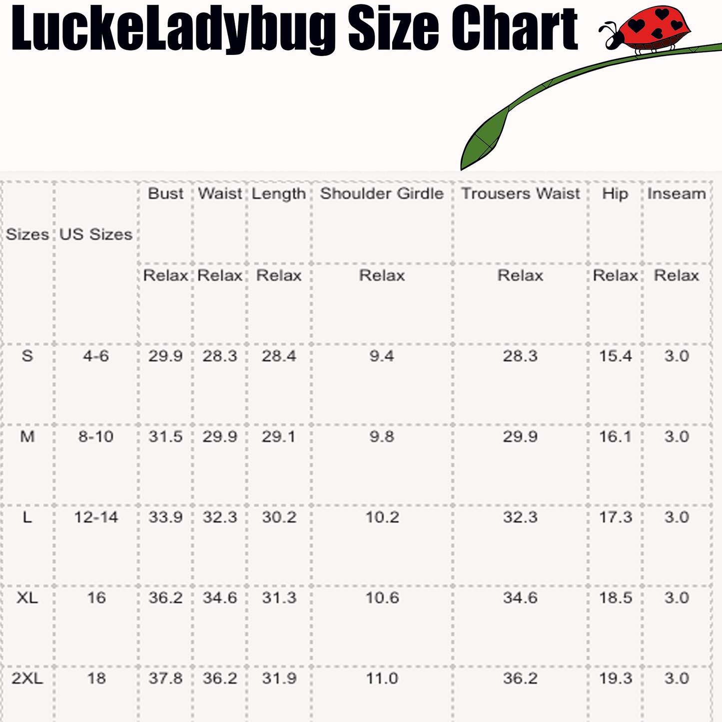 LuckeLadybug size chart showing measurements for fashionable one piece swim dress in various sizes