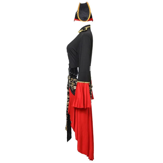 Female pirate captain cosplay costume with black and red details, including a hat and flowing sleeves