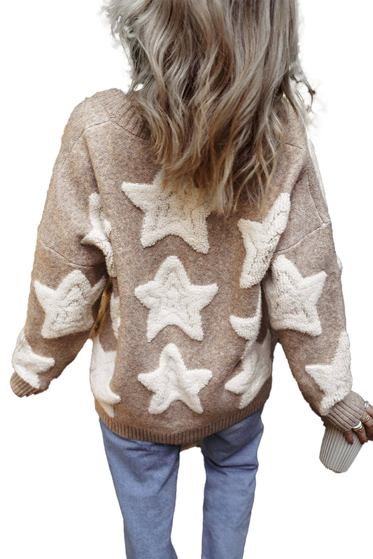 Khaki Star Pattern Sherpa Cardigan