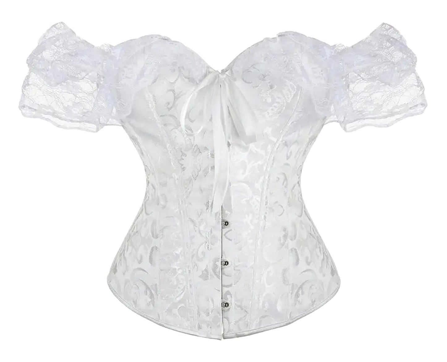 LuckeLadybug LLC floral lace off shoulder corset top in white with elegant puff sleeves