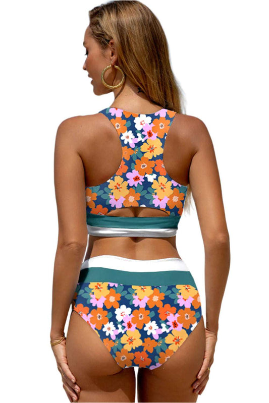 Floral racerback bikini for women with colorful flower patterns and high-waisted bottoms