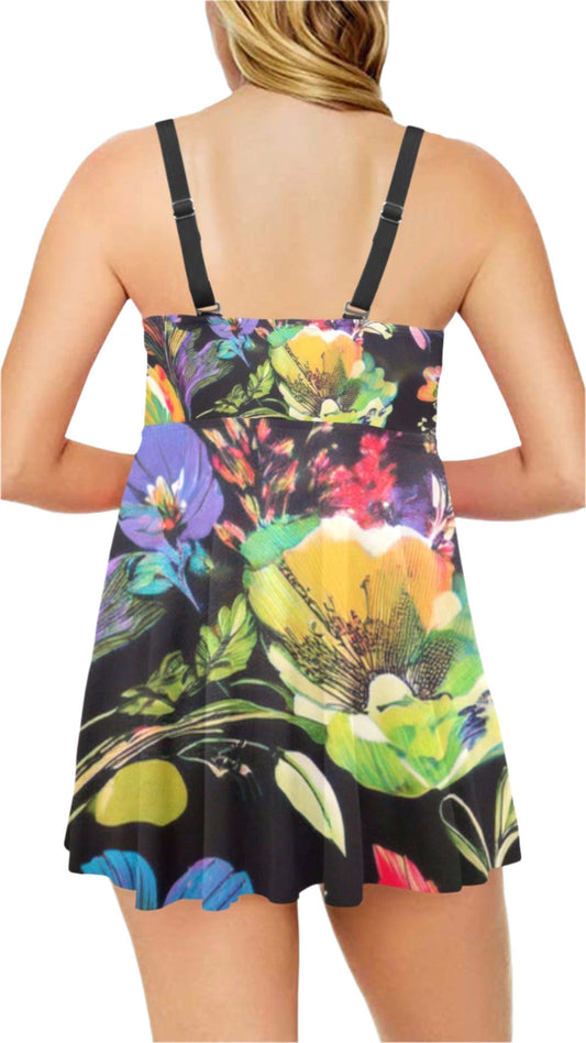 Back view of floral swim dress for women with colorful large flower print and adjustable straps