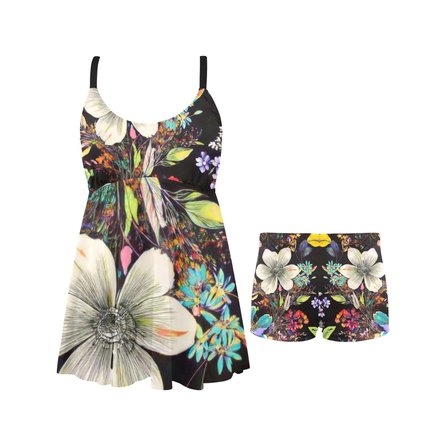 floral swim dress for women with black background and colorful tropical flower design with matching swim shorts