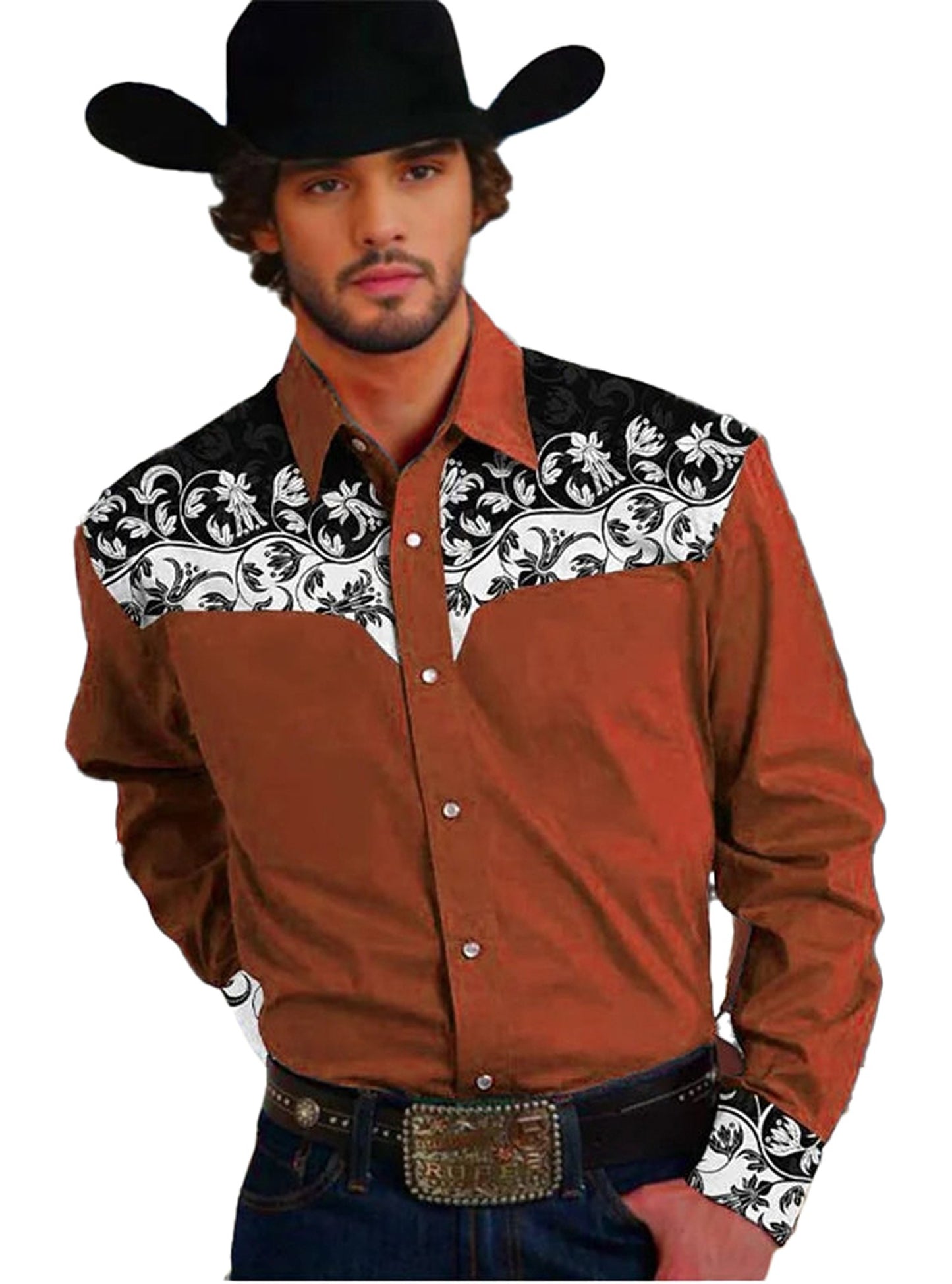 Stylish floral western men's shirt in brown with intricate black designs, perfect for cowboys