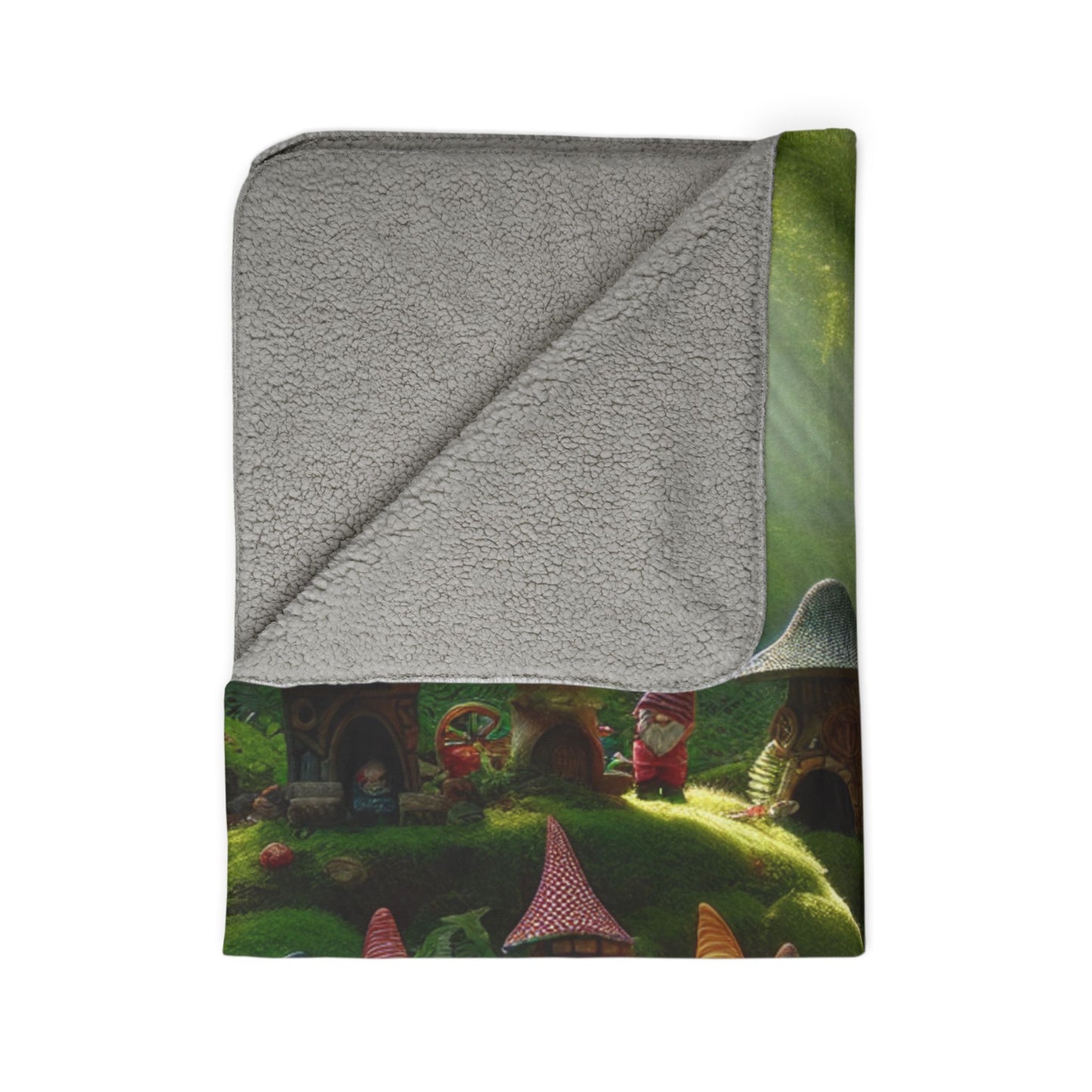 LuckeLadybug sherpa blanket with forest themed cozy throw design featuring whimsical mushroom houses
