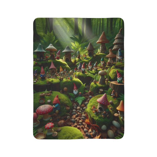 LuckeLadybug forest themed cozy throw with gnome and mushroom village in a lush green forest