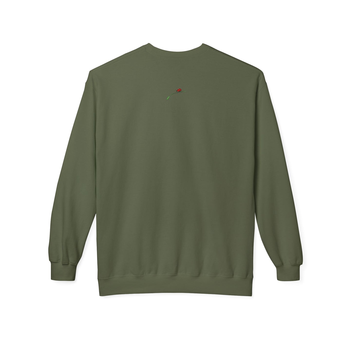Olive green LuckeLadybug sweatshirt with small embroidered design on back fun German Shepherd sweater