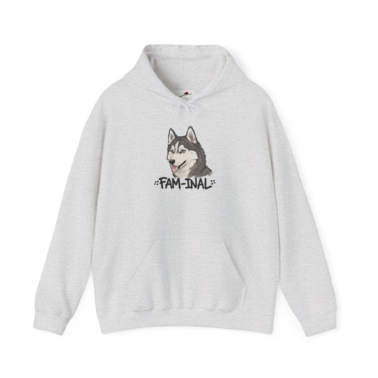 LuckeLadybug funny husky graphic hoodie in light gray with cartoon husky and fam-inal text