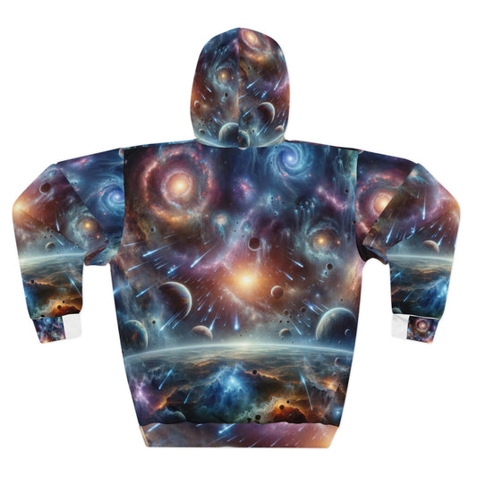 LuckeLadybug futuristic space hoodie for men with vibrant galaxy and planet print on full back and sleeves