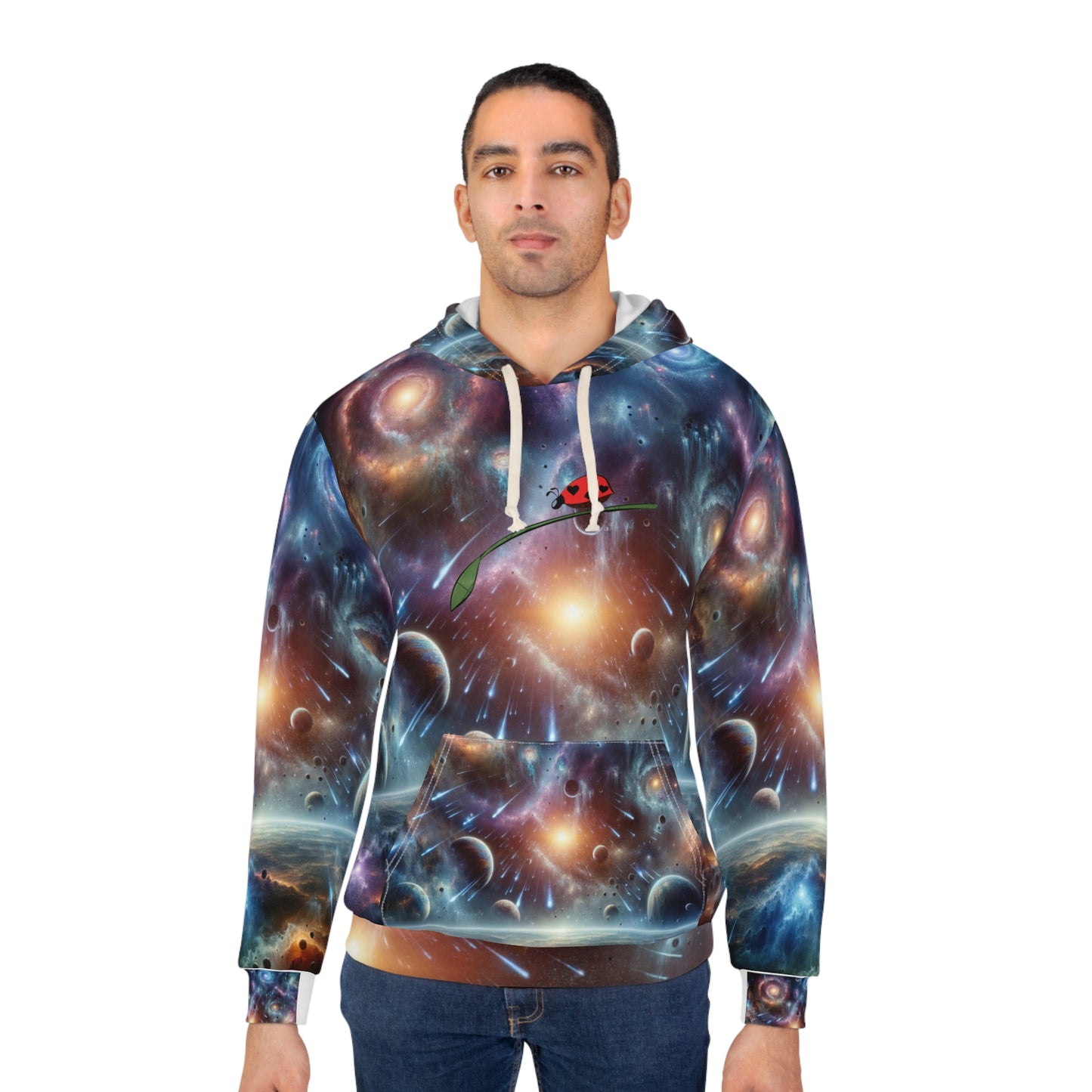 Futuristic space hoodie for men by LuckeLadybug with vibrant galaxy and planet design