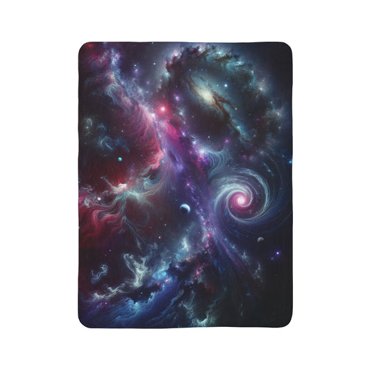 galaxy sherpa blanket with vibrant cosmic and nebula design in purple and blue hues