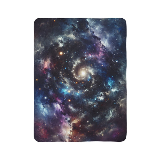 LuckeLadybug galaxy sherpa blanket featuring vibrant spiral galaxy design with stars and cosmic colors
