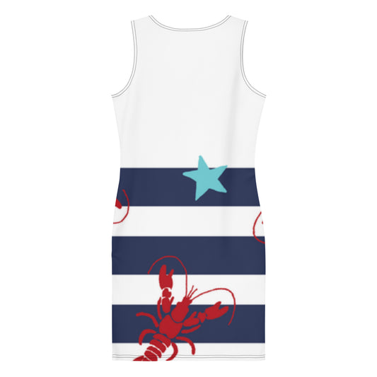 LuckeLadybug beach bodycon dress with navy stripes red lobster and blue star design