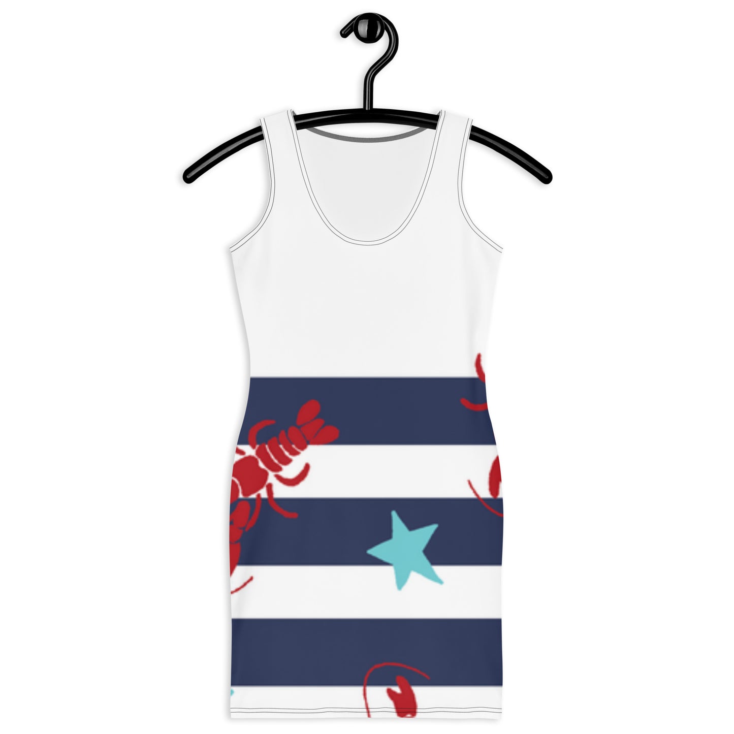 LuckeLadybug beach bodycon dress with navy stripes red lobster and blue star design sleeveless