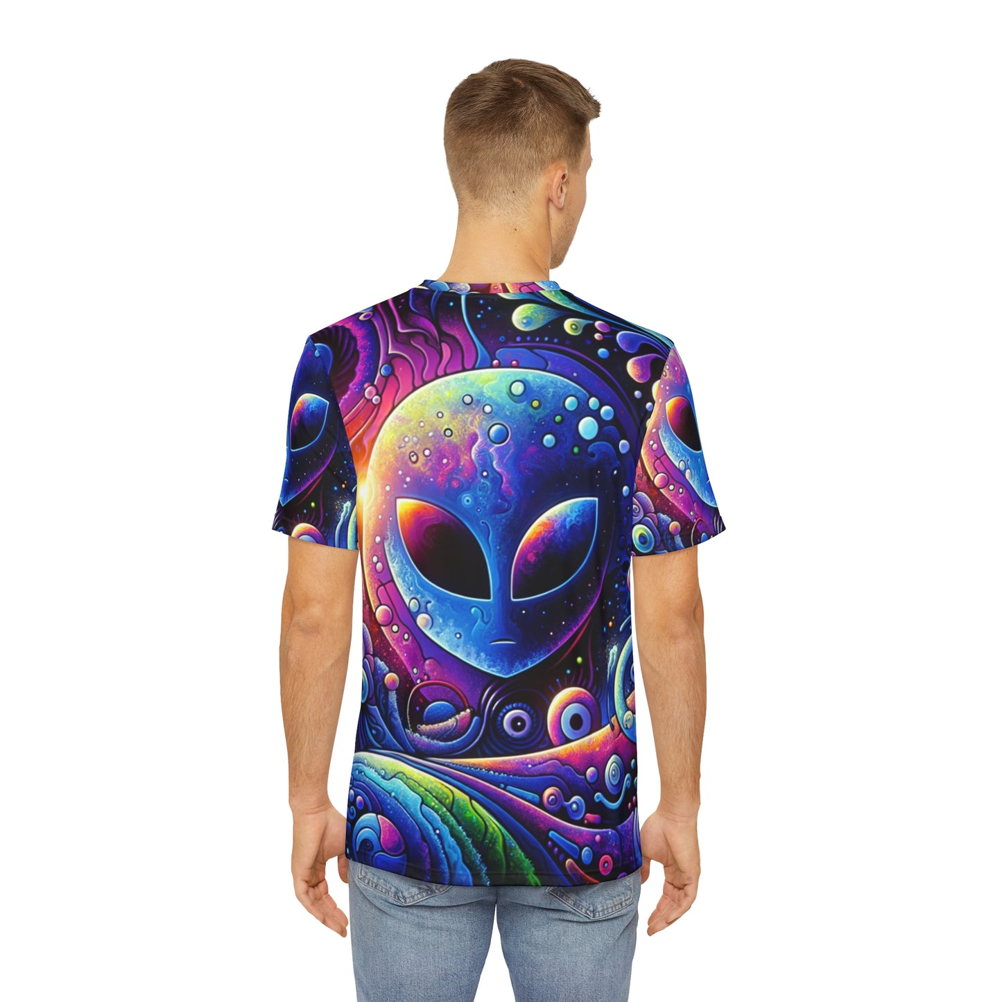 Back view of neon alien graphic tee by LuckeLadybug featuring vibrant colorful alien design