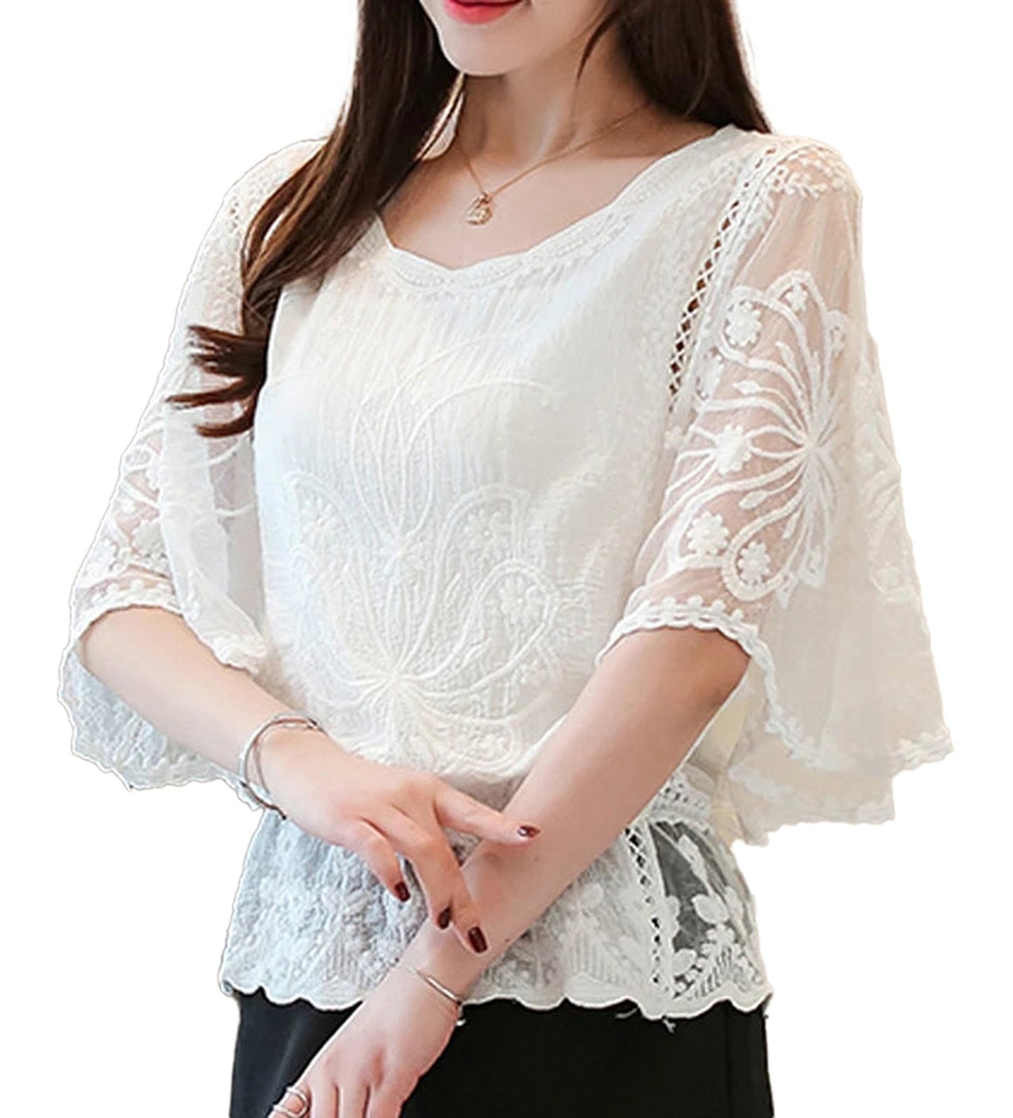 Elegant butterfly flower blouse in white with intricate embroidery and flowing sleeves for a stylish look