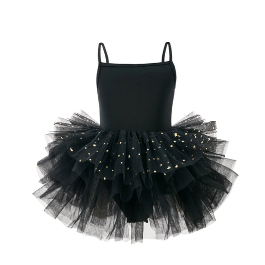 Girls ballet tutu dress in black with star accents and layered tulle skirt for dance and play