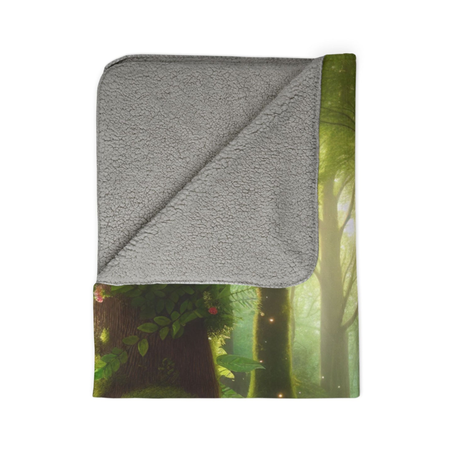 LuckeLadybug gnome forest sherpa blanket with soft gray fleece and vibrant forest design