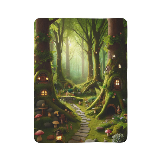LuckeLadybug gnome forest sherpa blanket featuring a magical woodland path with gnome homes and mushrooms