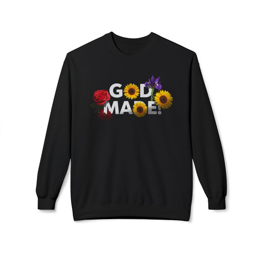 LuckeLadybug black sweatshirt with colorful flowers and God Made sweatshirt text design