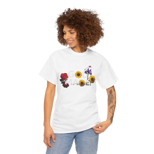 White God Made t-shirt casual with floral design worn by smiling woman with curly hair