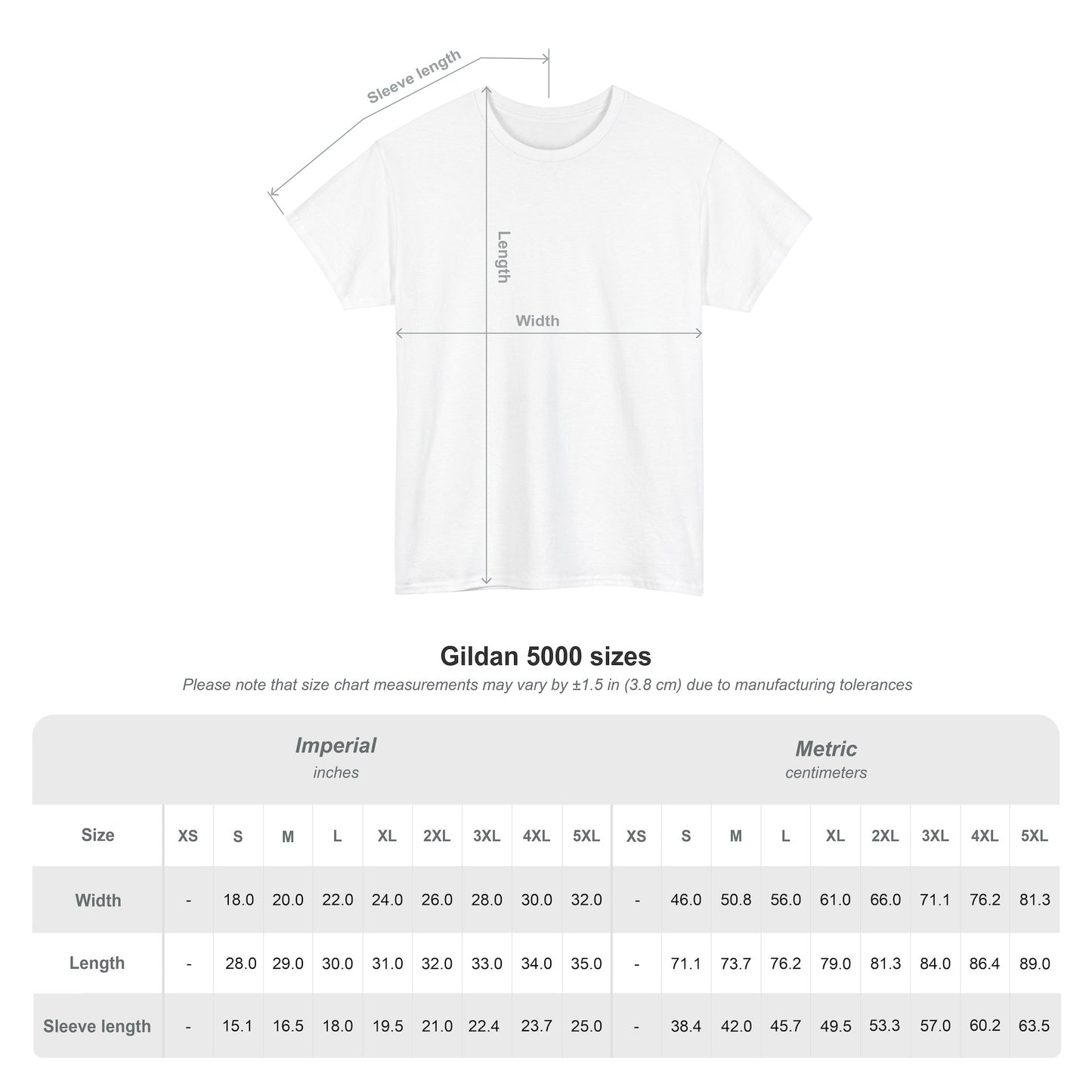 White Gildan 5000 t-shirt with size measurements diagram for God Made t-shirt casual