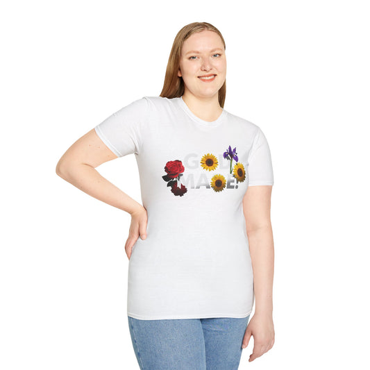 God Made t-shirt by LuckeLadybug with floral design on white fitted tee worn by smiling woman