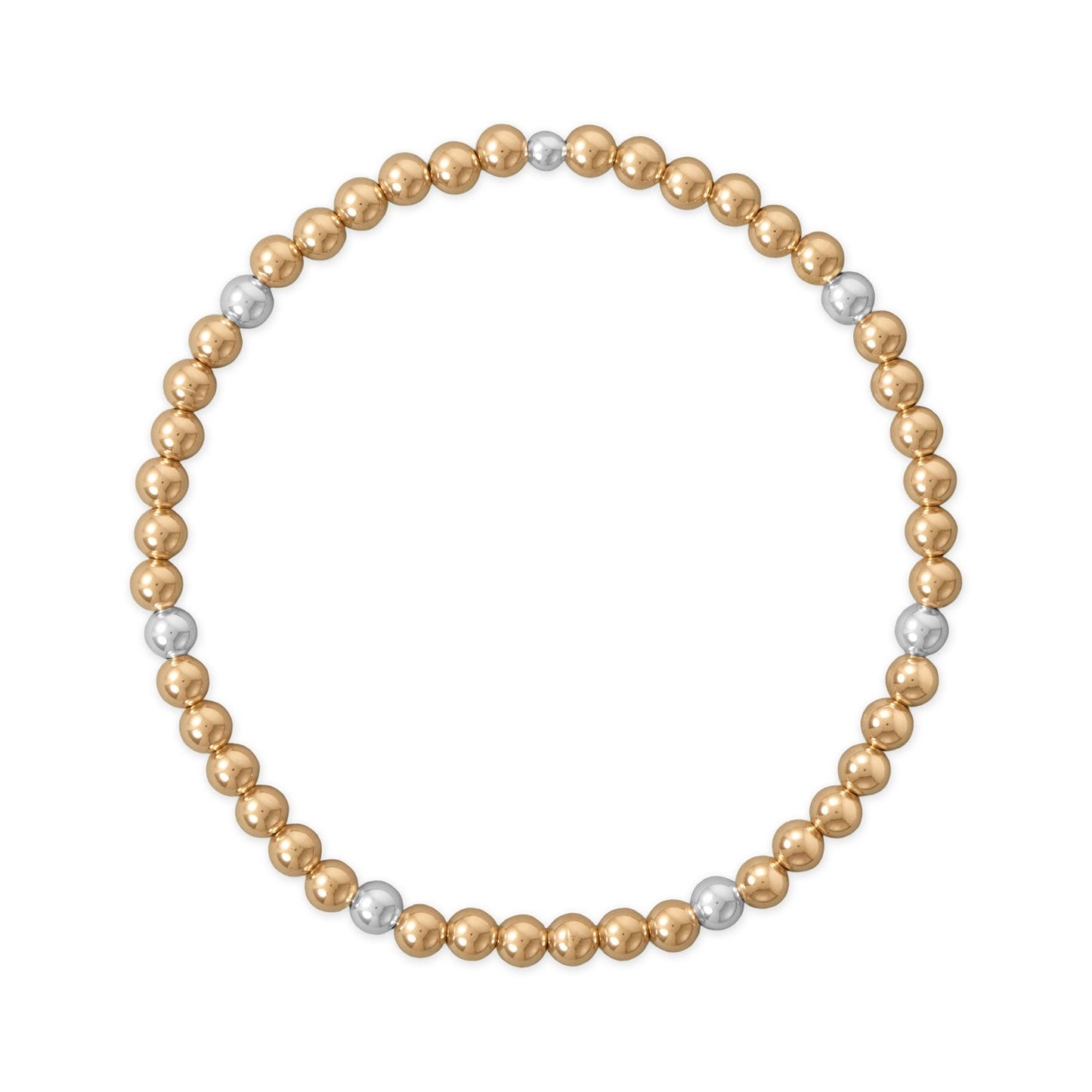 Gold filled and silver bead stretch bracelet featuring alternating gold and silver beads for a stylish look