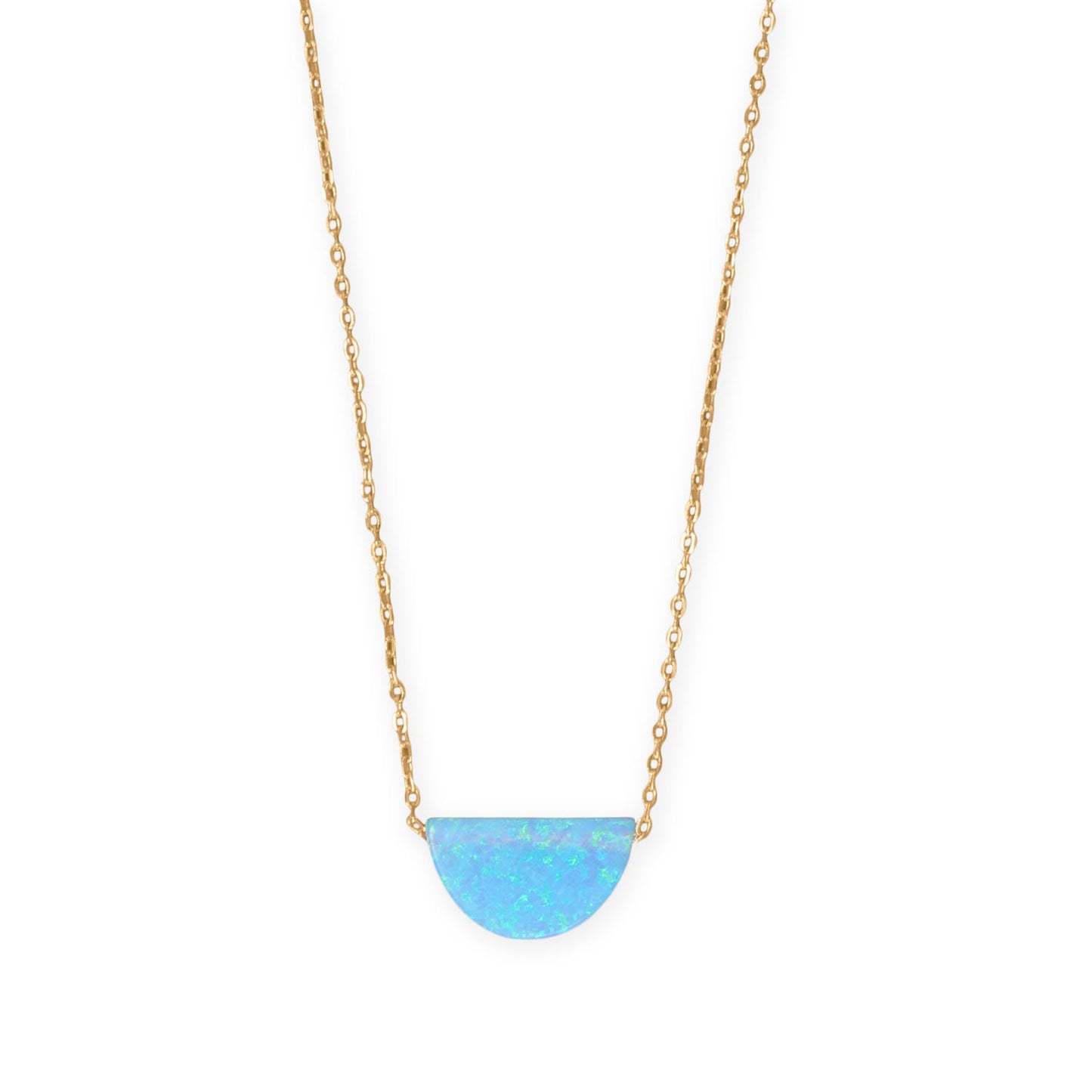 Gold plated opal semicircle necklace featuring a shimmering blue opal pendant on a delicate chain