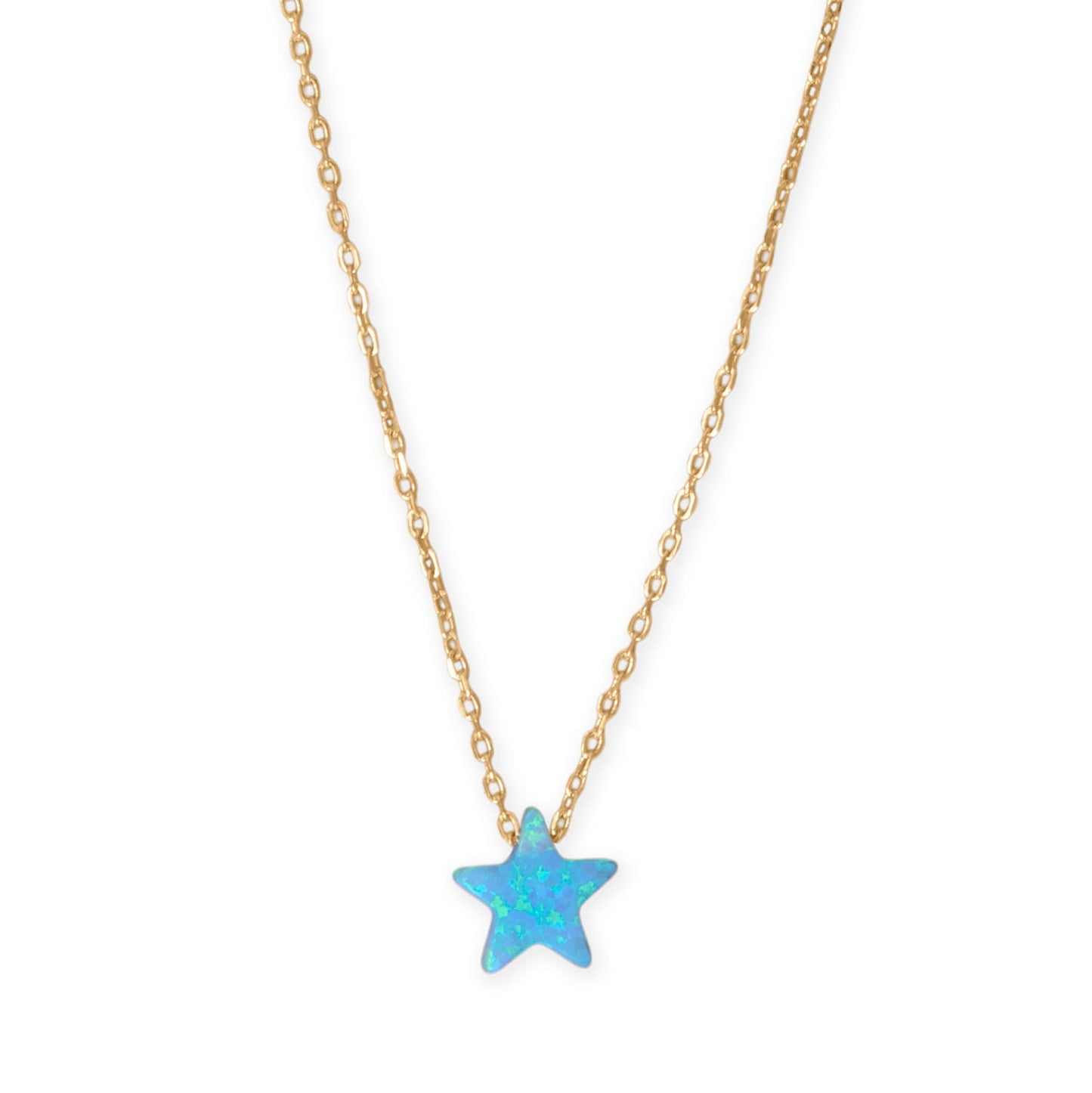 Gold plated opal star necklace featuring a bright blue star pendant on a delicate chain