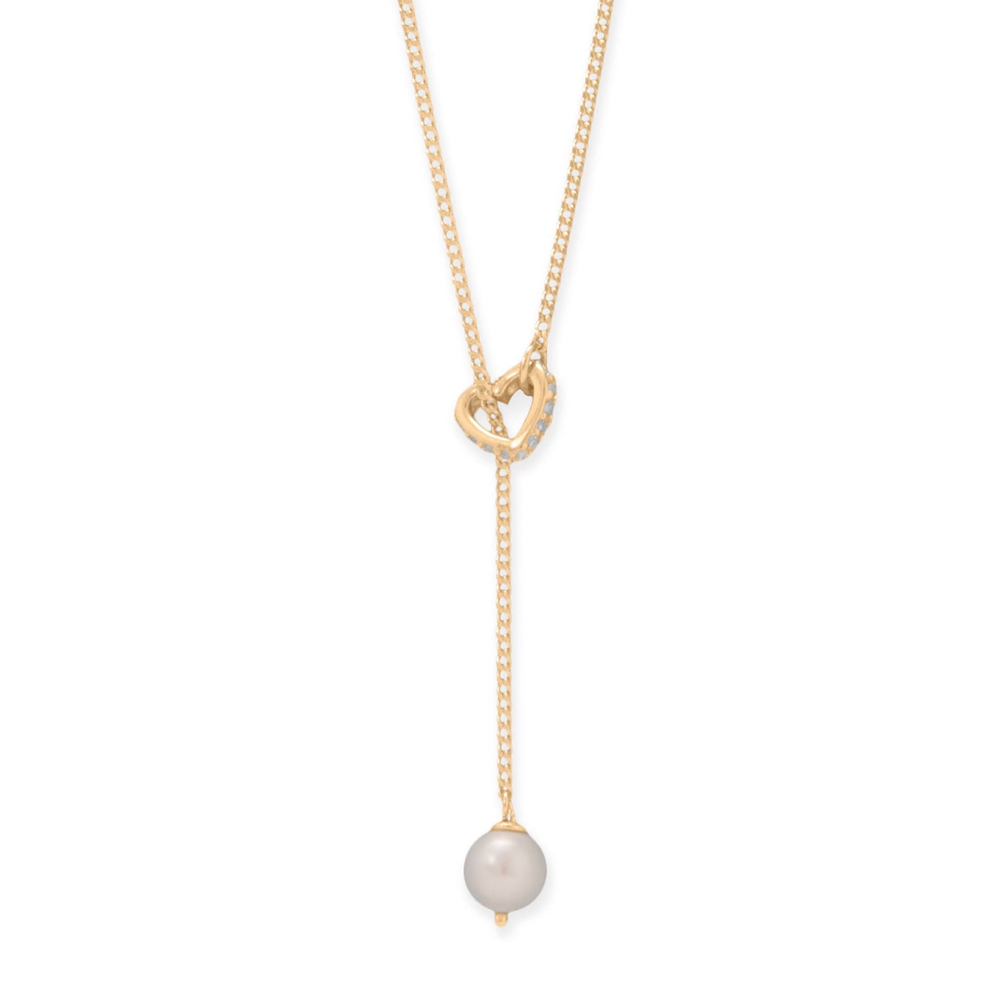Gold plated pearl lariat necklace with a heart-shaped design and a dangling pearl accent