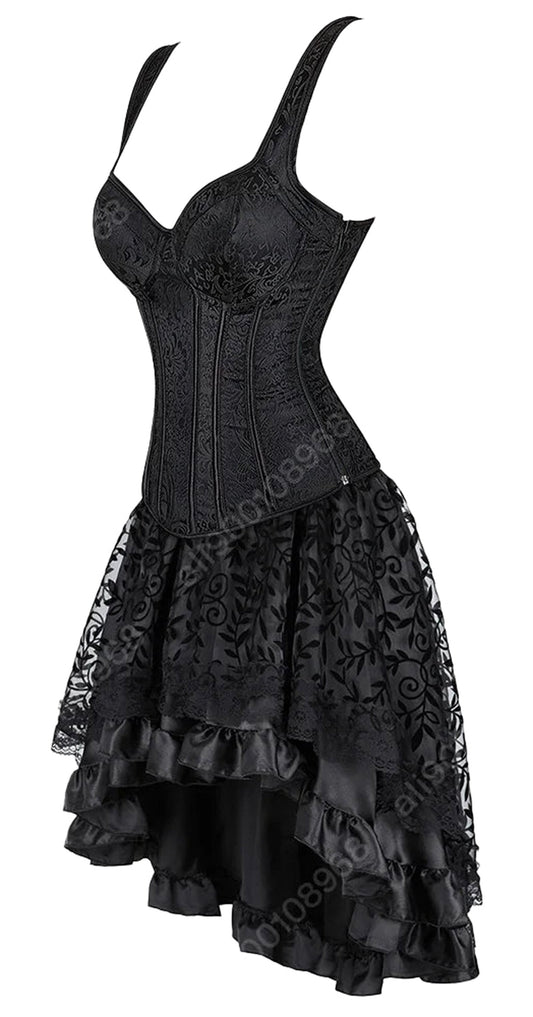Elegant black gothic corset dress for women with lace details and ruffled hemline