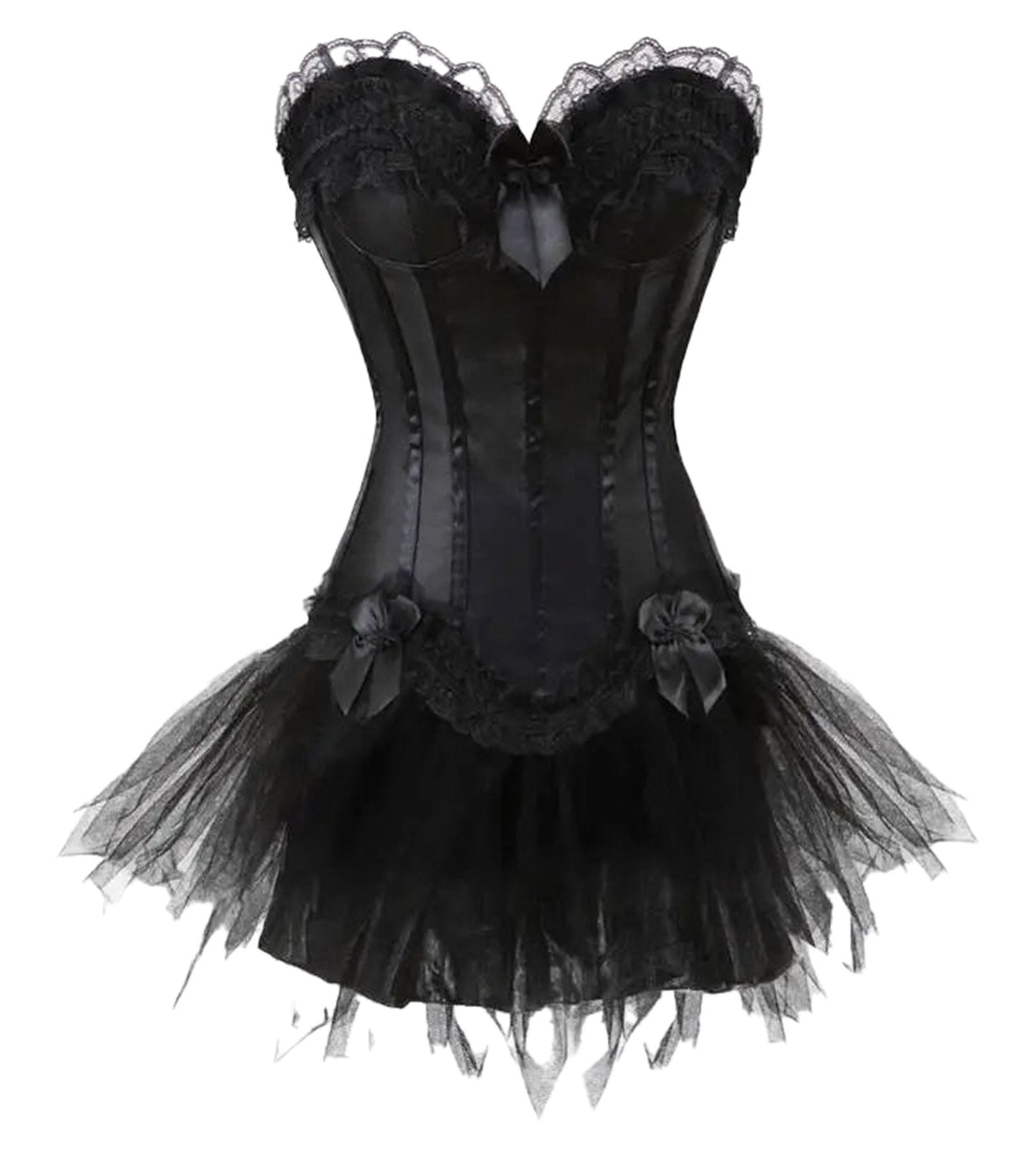 Elegant gothic corset dress with skirt featuring lace accents and tulle overlay for a fashionable look