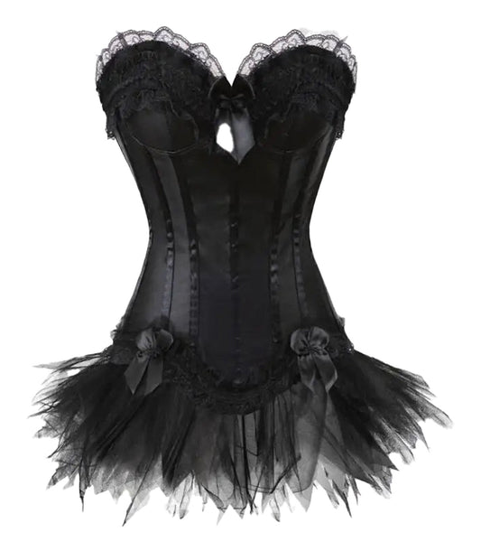 LuckeLadybug LLC Gothic corset dress with skirt featuring lace trim and tulle overlay for a dramatic look