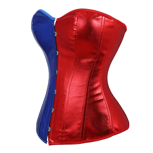 Vibrant red and blue gothic overbust corset for women with a sleek design and metal closures