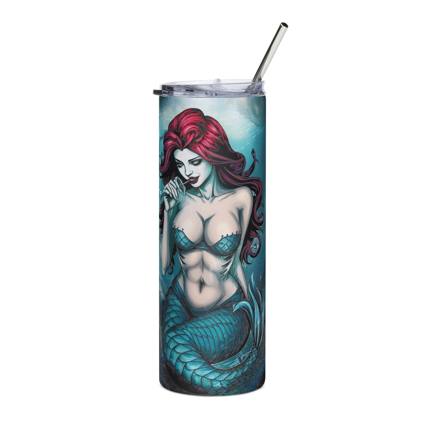 LuckeLadybug gothic stainless steel tumbler with mermaid design and reusable metal straw