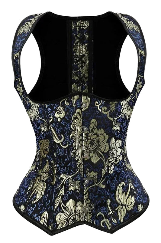Back view of a gothic underbust corset vest with floral patterns and a fitted design by LuckeLadybug LLC